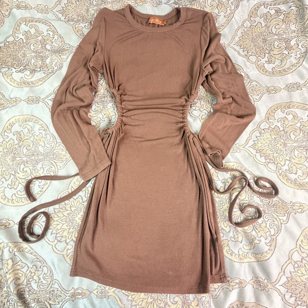 Beige Botany Brown Ribbed Knit Ruched Drawstring Bodycon Dress Long Sleeve L